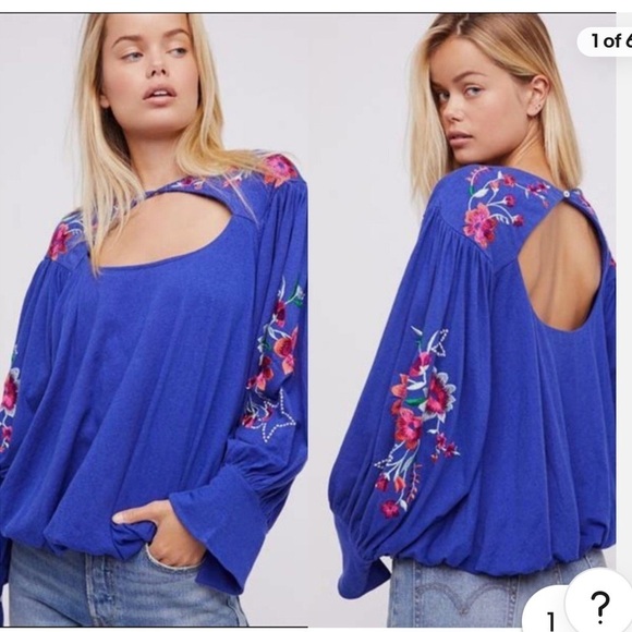 Free People Tops - Free People Lita Blue Cut Out Embroidered Blouse Sz M Boho Floral NWT
